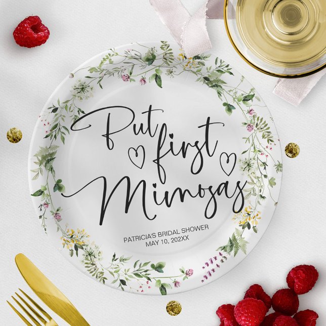 But First Mimosas Wildflower Bridal Shower Paper Plate (Creator Uploaded)
