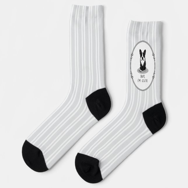 But, I'm Cute Boston Terrier (black) Dog Funny Socks (Left)