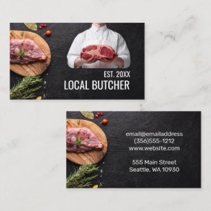 Butcher Holding Meat Steak on Wood Business Card