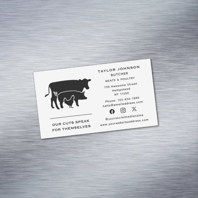Butcher Meat Market Cow Pig Chicken Social Media Magnetic Business Card (In Situ)