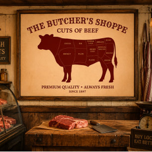 Butcher Shop Cuts Of Beef Cow Diagram Poster