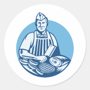 Butcher With Meat Cleaver Meat Cuts Retro Classic Round Sticker