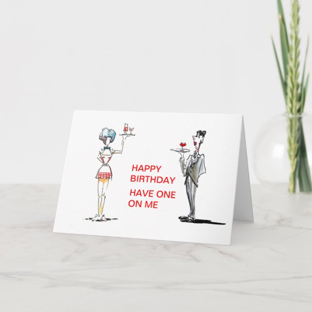 Butler and Waitress  with Drinks Birthday Card (Front)