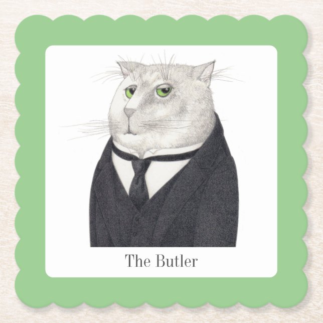 BUTLER CAT Scalloped Square Paper Coasters + Text (Front)