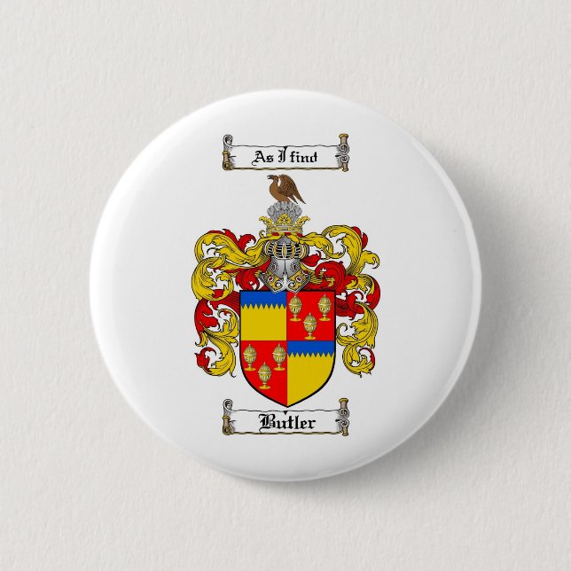 BUTLER FAMILY CREST -  BUTLER COAT OF ARMS 6 CM ROUND BADGE (Front)