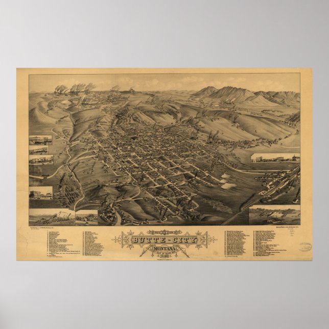 Butte Montana 1884 Antique Panoramic Map Poster (Front)