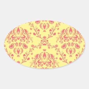 Butter and Cranberry Damask Oval Sticker