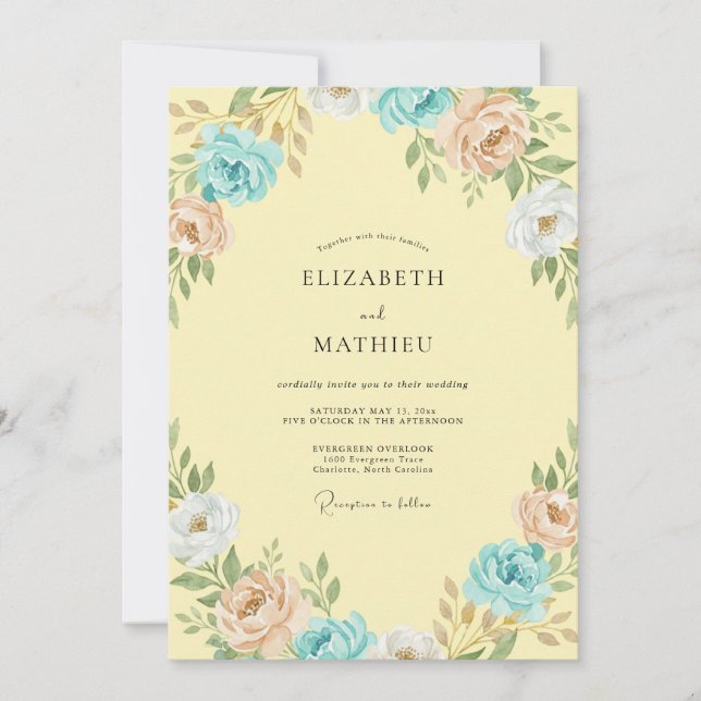 Butter Aqua Ranunculus Eucalyptus Wedding Invitation (Front)