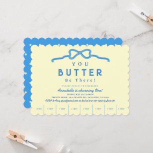 Butter Be There Blue Bow 1st Birthday Invitation