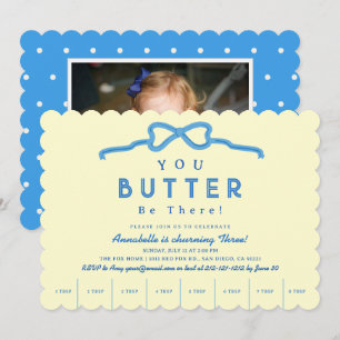 Butter Be There Blue Bow Photo Kid's Birthday Invitation