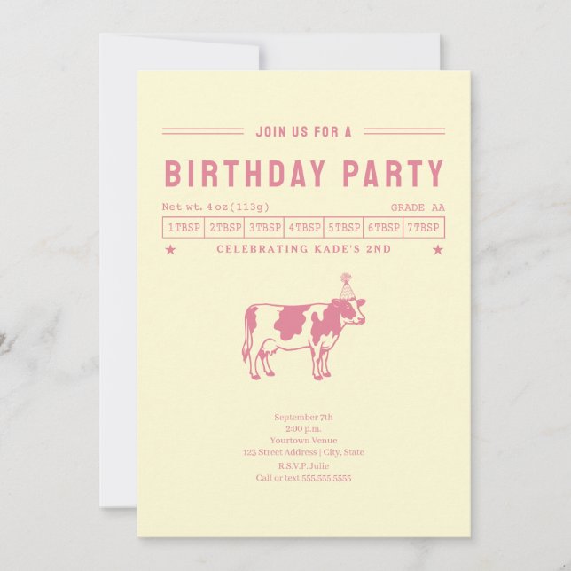 Butter Cow Pink Birthday Party Invitation (Front)