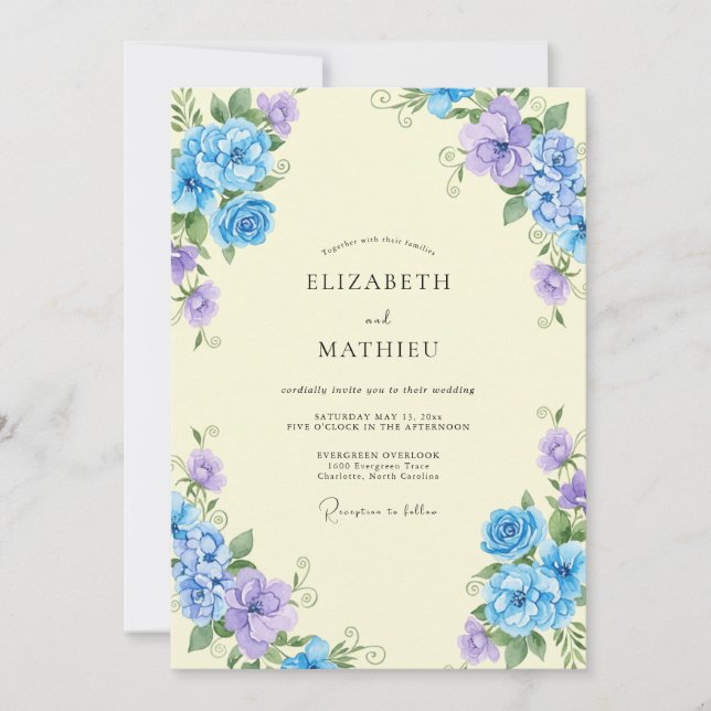 Butter Periwinkle Ranunculus Eucalyptus Wedding Invitation (Front)