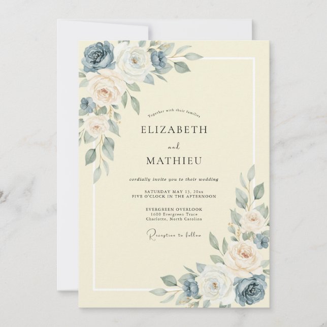 Butter Steel Blue Peony Wedding Invitation (Front)