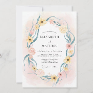 Butter Teal Wreath Wedding Invitation