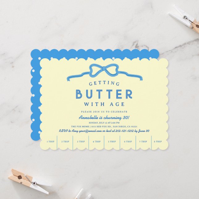Butter with Age Blue Bow Birthday Invitation (Front/Back In Situ)
