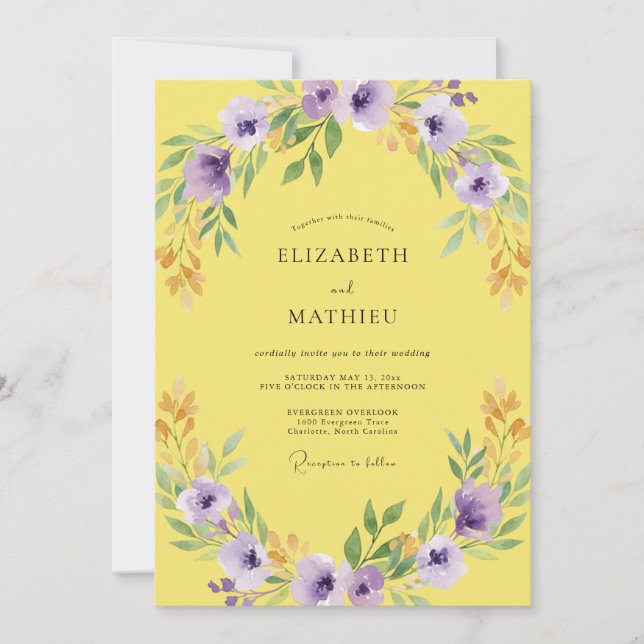 Butter Yellow Amethyst Wreath Wedding Invitation (Front)