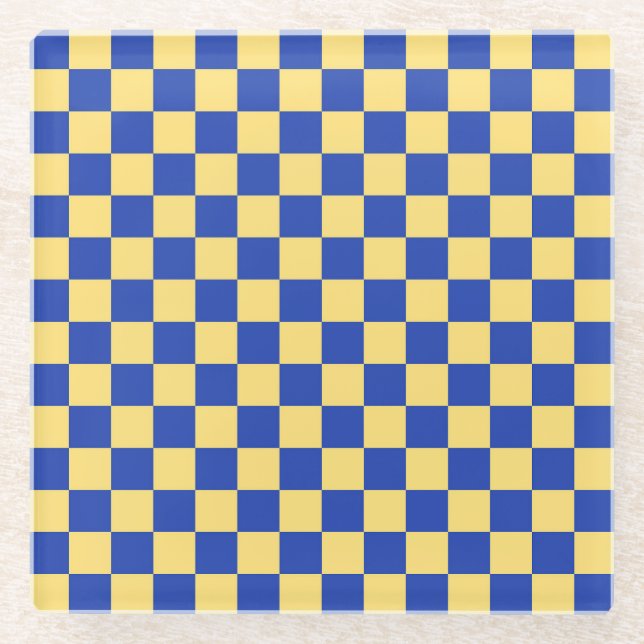 Butter yellow and blue checkered board pattern glass coaster (Front)