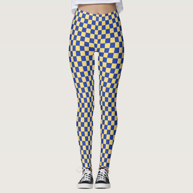 Butter yellow and blue checkered board pattern leggings (Front)