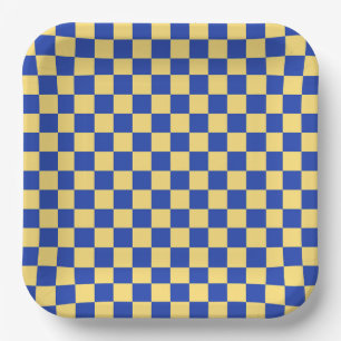 Butter yellow and blue checkered board pattern paper plate