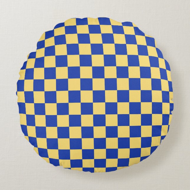 Butter yellow and blue checkered board pattern round cushion (Front)