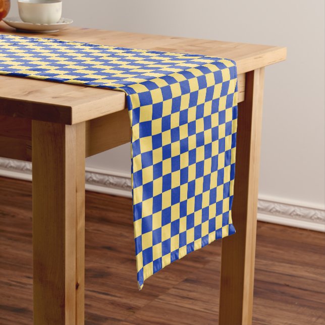 Butter yellow and blue checkered board pattern short table runner (In Situ)