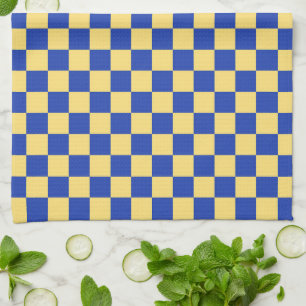 Butter yellow and blue checkered board pattern tea towel
