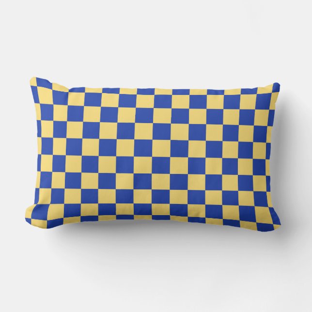 Butter yellow and blue chequered board pattern lumbar cushion (Front)