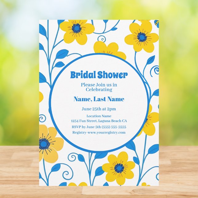Butter Yellow and Blue Floral-Bridal Shower Invitation (Butter Yellow and Blue Floral-Bridal Shower Invitation in White)
