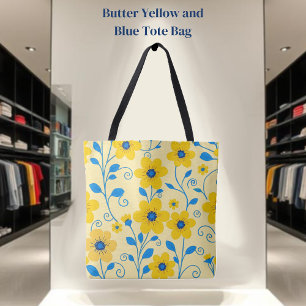 Butter Yellow and Blue Floral Tote Bag