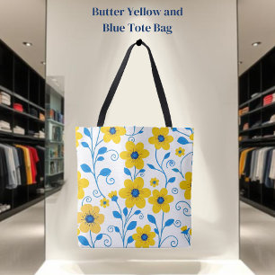 Butter Yellow and Blue Floral Tote Bag