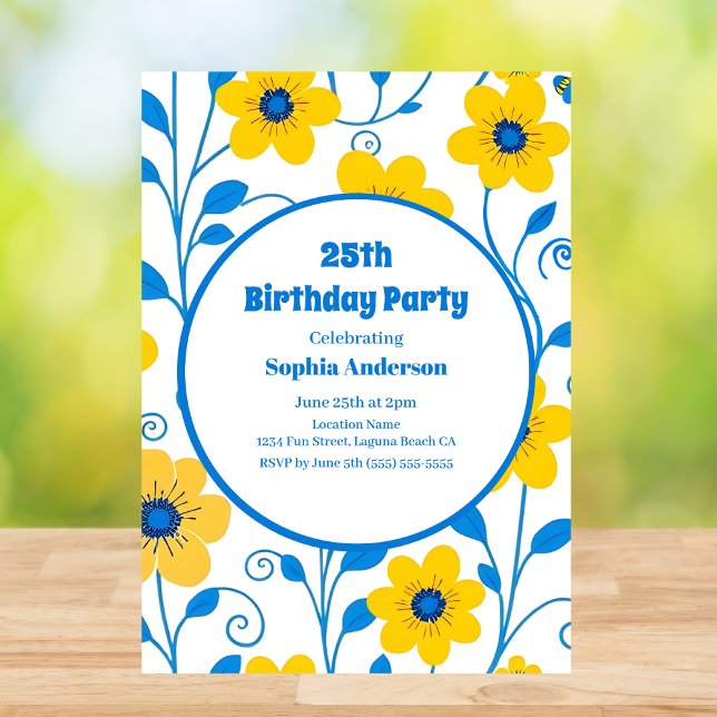 Butter Yellow and Blue Florals-Birthday Invitation (Butter Yellow and Blue Florals-Birthday Invitation in White)