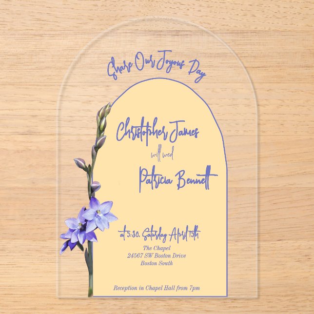 Butter Yellow and Lilac Coloured Sun Orchid Weddin Acrylic Invitations (Front)