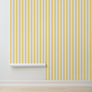 Butter Yellow and White Classic Vertical Stripes Wallpaper