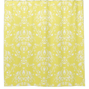 Butter Yellow and White Damask Shower Curtain