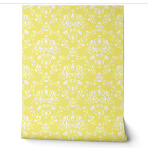 Butter Yellow and White Damask Wallpaper