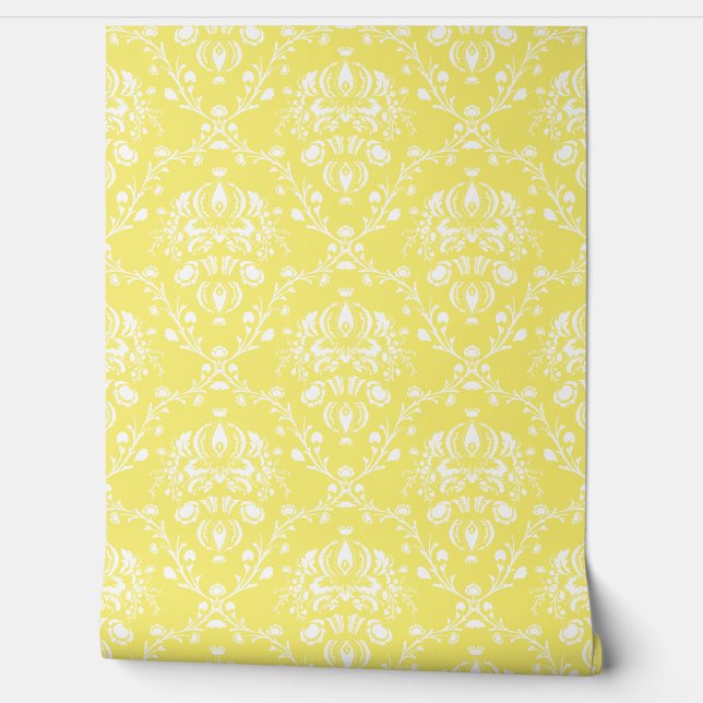 Butter Yellow and White Damask Wallpaper (Unrolling)