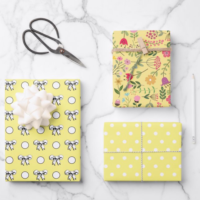 Butter Yellow and White Polka Dots Wildflowers Wrapping Paper Sheet (Front)