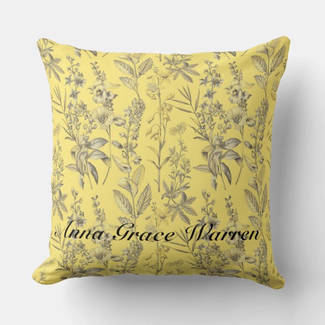 Butter Yellow Antique Old Botanical Pattern 4 Cushion (Front)