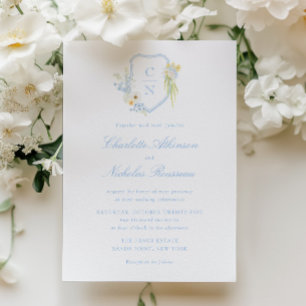 Butter Yellow Blue Floral Monogram Crest Wedding Invitation