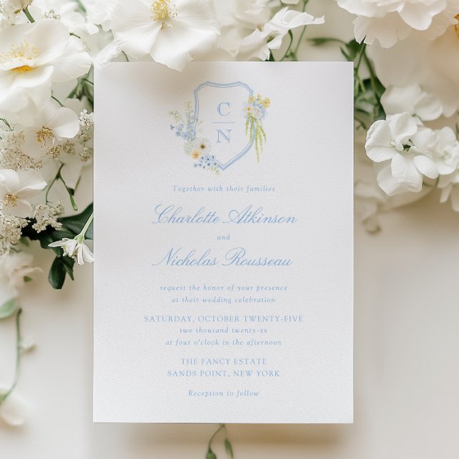 Butter Yellow Blue Floral Monogram Crest Wedding Invitation (Creator Uploaded)