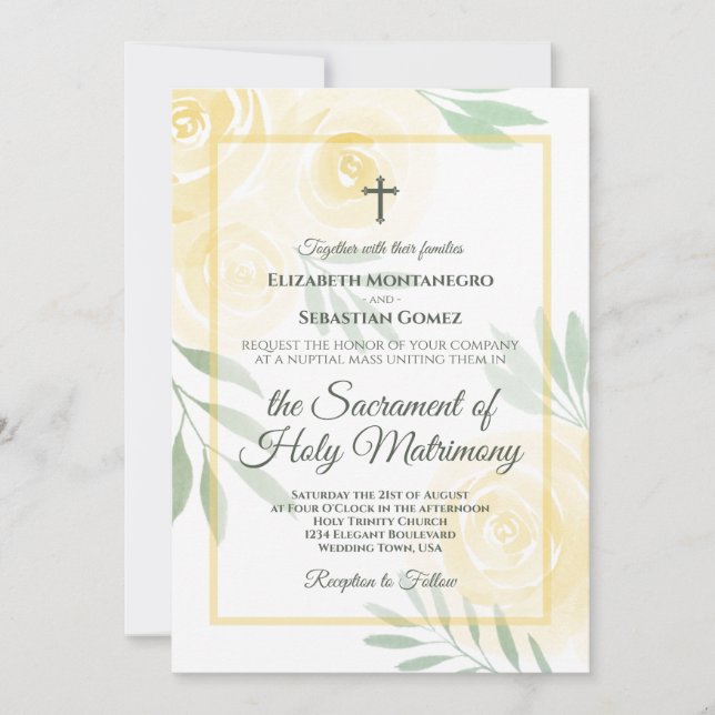 Butter Yellow Boho Chic Roses Catholic Wedding Invitation (Front)