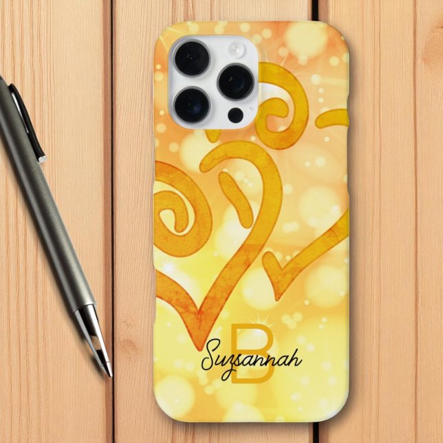 Butter Yellow Bokeh Gold Linked Heart Monogram iPhone Case (monogram & name template phone case back)