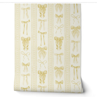 Butter Yellow Bows and Lace Vertical Stripes Wallpaper
