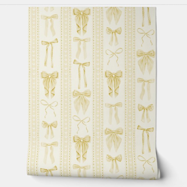 Butter Yellow Bows and Lace Vertical Stripes Wallpaper (Unrolling)