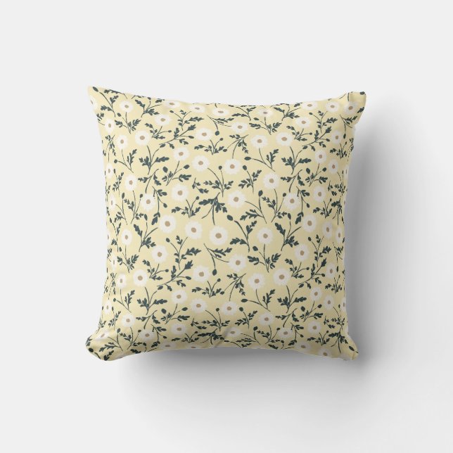 Butter Yellow Cream Modern Farmhouse Daisy Pattern Cushion (Front)