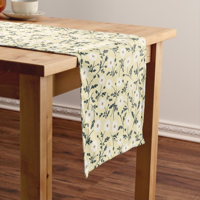 Butter Yellow Cream Modern Farmhouse Daisy Pattern Short Table Runner (In Situ)