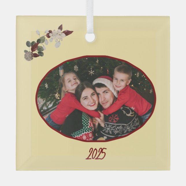 Butter Yellow & Deep Red Floral Photo Christmas Glass Tree Decoration (Front)