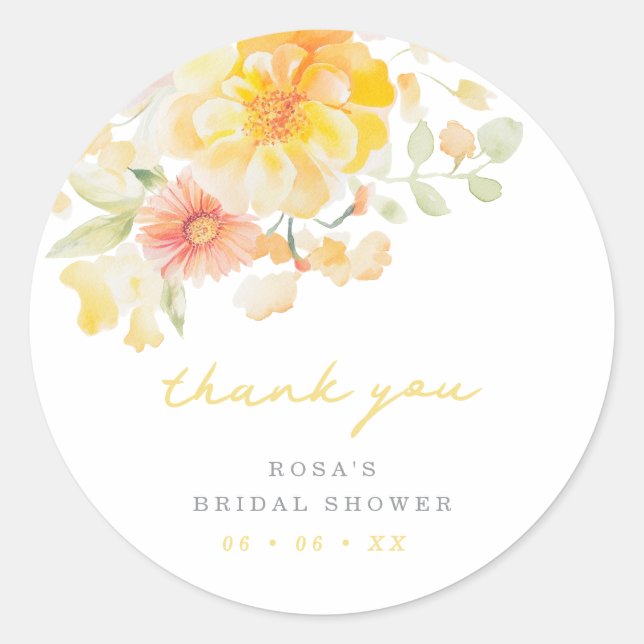 Butter Yellow Floral Bridal Shower Thank You Favou Classic Round Sticker (Front)