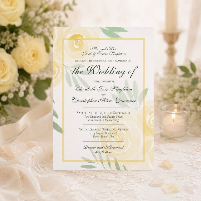 Butter Yellow & Gold Boho Roses Formal Wedding Invitation (Creator Uploaded)