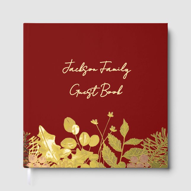 Butter Yellow, Gold & Deep Red Floral Christmas Guest Book (Front)